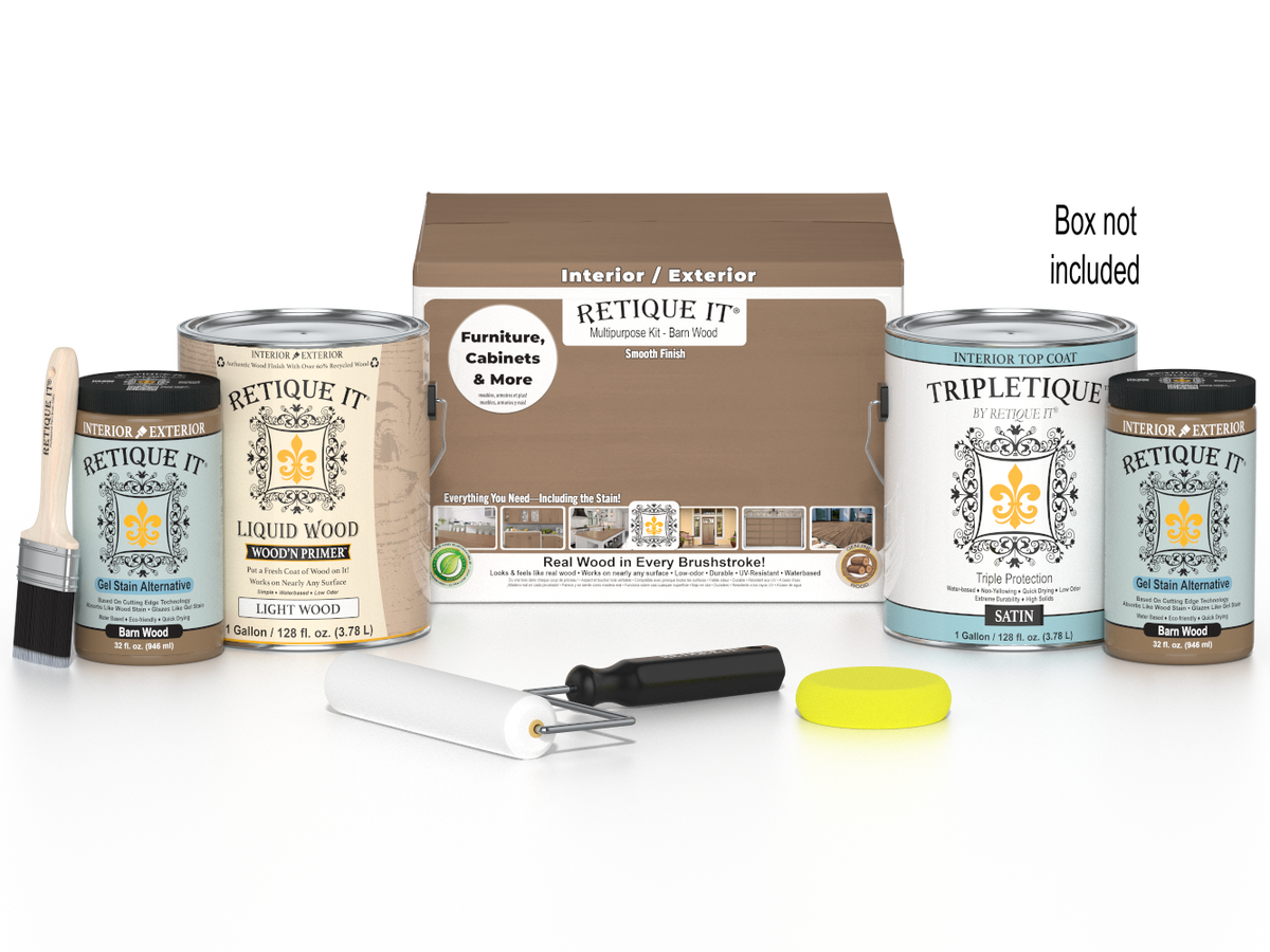 Retique It Barn Wood Multi-purpose Smooth Finish Kit with four large interior top coats in a barn wood style.
