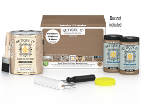 Retique It wood finish kit with four large barn wood-colored smooth finish bottles and applicator brushes.
