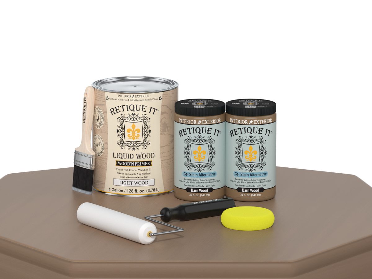 Retique It® Multi-purpose Smooth Finish Kit in Barn Wood with four large wood finish samples on a table.