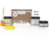 Retique It® Wood'n Finish Kit in Barn Wood, multi-purpose smooth finish top coat for exterior wood projects, includes application tools.