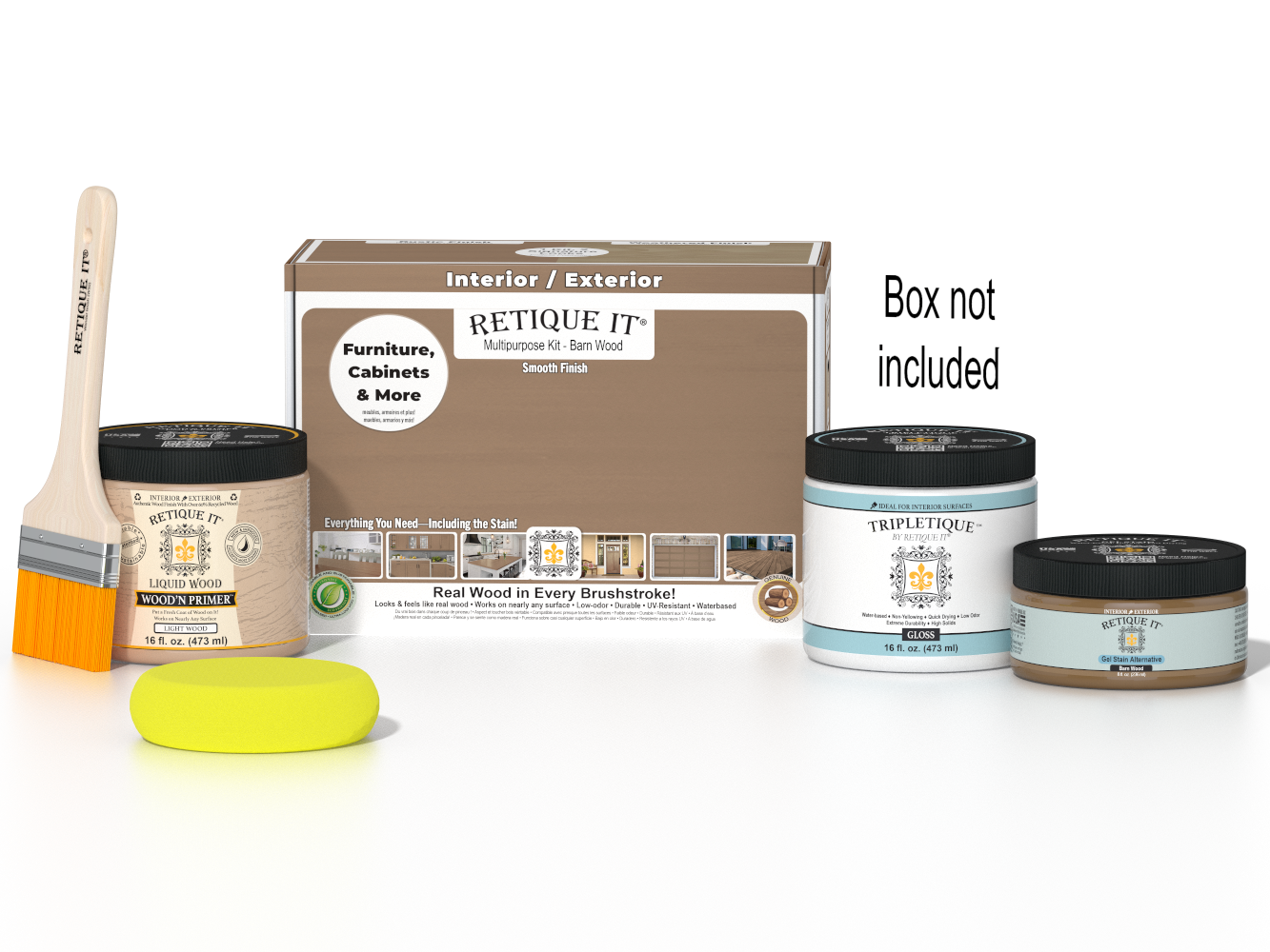 Retique It® Multi-purpose Smooth Finish Kit in Barn Wood for interior top coat with gloss, shown with included components.