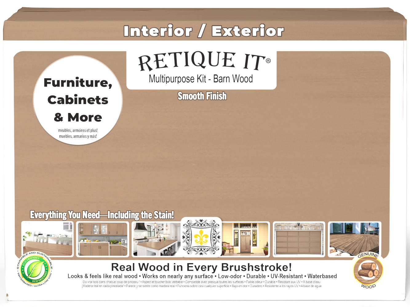 Retique It® wood finish kit with four large barn wood interior top coat bottles in a box, showing the packaging and product branding.
