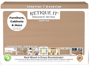 Retique It® wood finish kit with four large barn wood interior top coat bottles in a box, showing the packaging and product branding.