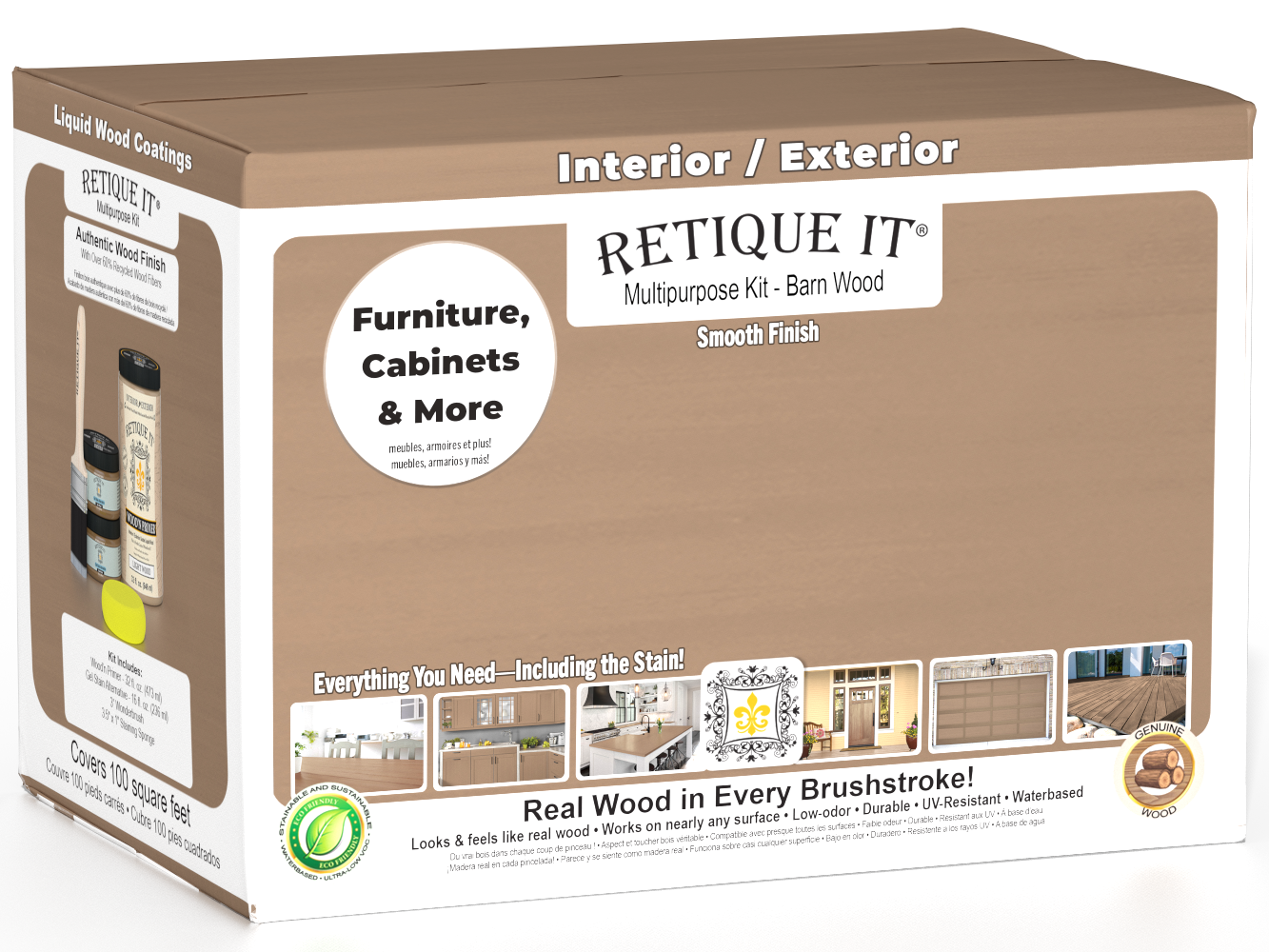 Retique It® wood finish kit with four large barn wood top coats, designed for smooth interior wood surfaces.