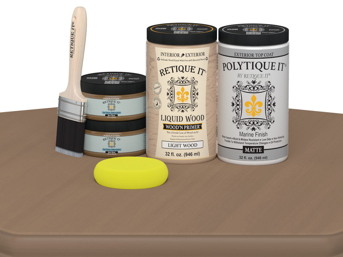 Large Barn Wood Multi-purpose Smooth Finish Kit by Retique It® for exterior top coat, includes matte wood finish application tools.