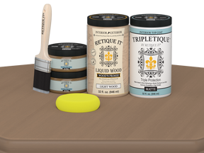 Retique It® Multi-purpose Smooth Finish Kit in Barn Wood for interior top coat, featuring a matte wood finish on a table.