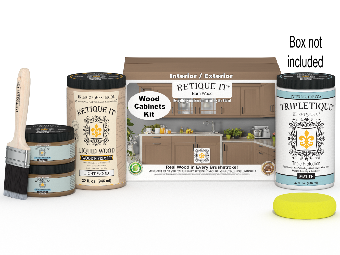 Retique It® Wood'n Cabinet Kit with 12 barn wood doors and smooth finish, includes stain options for stylish kitchen cabinets.