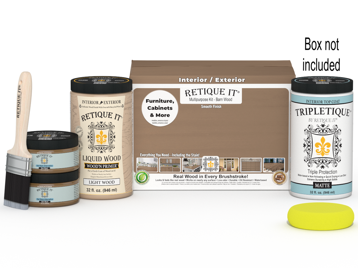 Large Barn Wood Multi-purpose Smooth Finish Kit by Retique It®, includes top coat and application tools for interior wood projects.
