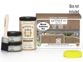 Retique It® Wood'n Cabinet Kit with 12 smooth barn wood doors, stain finish, shown in a box for wood cabinet renovation.
