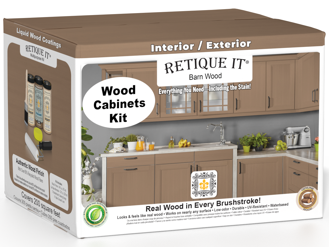 Retique It® Wood'n Cabinet Kit with 24 smooth barn wood doors, stain finish, ideal for kitchen or bathroom cabinetry.