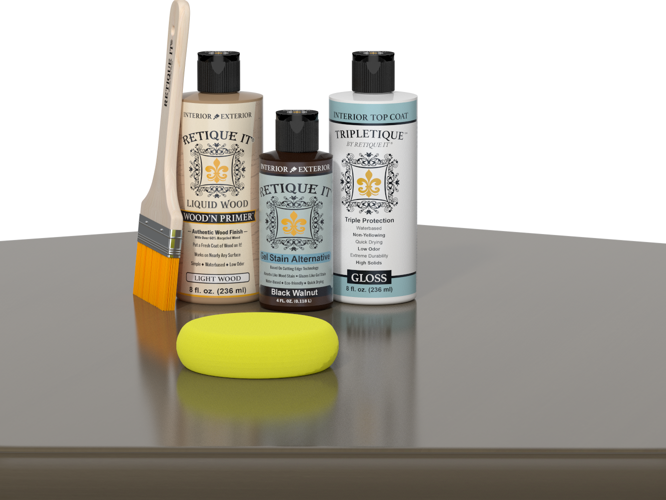 Retique It® Black Walnut kit with brush, Wood’n Primer, gloss top coat, and yellow sponge on a wood surface.