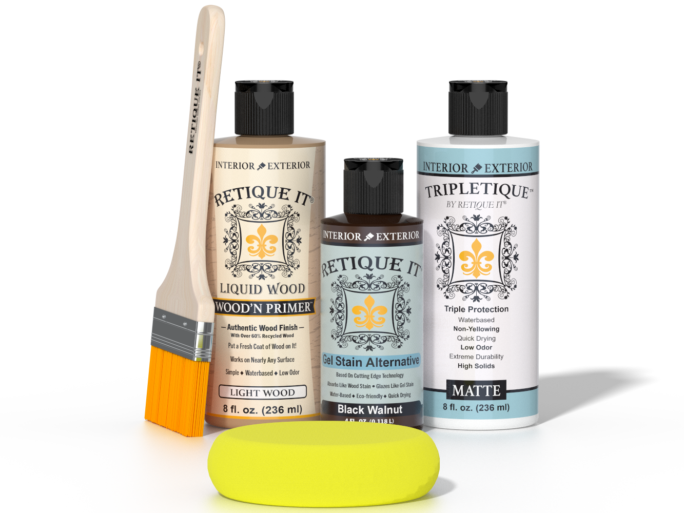 Retique It Black Walnut Kit with Matte Tripletique, Light Wood Wood'n Primer, Black Walnut Gel Stain Alternative, paintbrush, and yellow sponge.