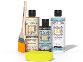 Retique It Black Walnut Kit with Matte Tripletique, Light Wood Wood'n Primer, Black Walnut Gel Stain Alternative, paintbrush, and yellow sponge.