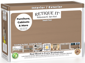 A boxed multipurpose wood finish kit labeled RETIQUE IT, shown at a slight angle to reveal the front and side panels. The packaging is predominantly warm brown with white text and small inset photos of interior and exterior wood surfaces.
