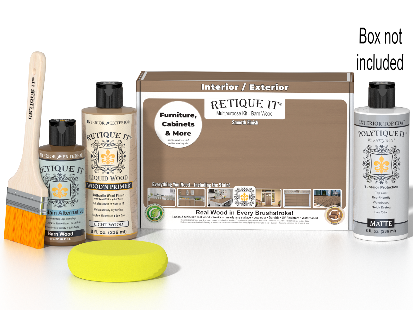 Retique It Barn Wood Kit with box, Light Wood Wood'n Primer, Barn Wood Gel Stain Alternative, Matte Polytique It topcoat, paintbrush, and yellow sponge.