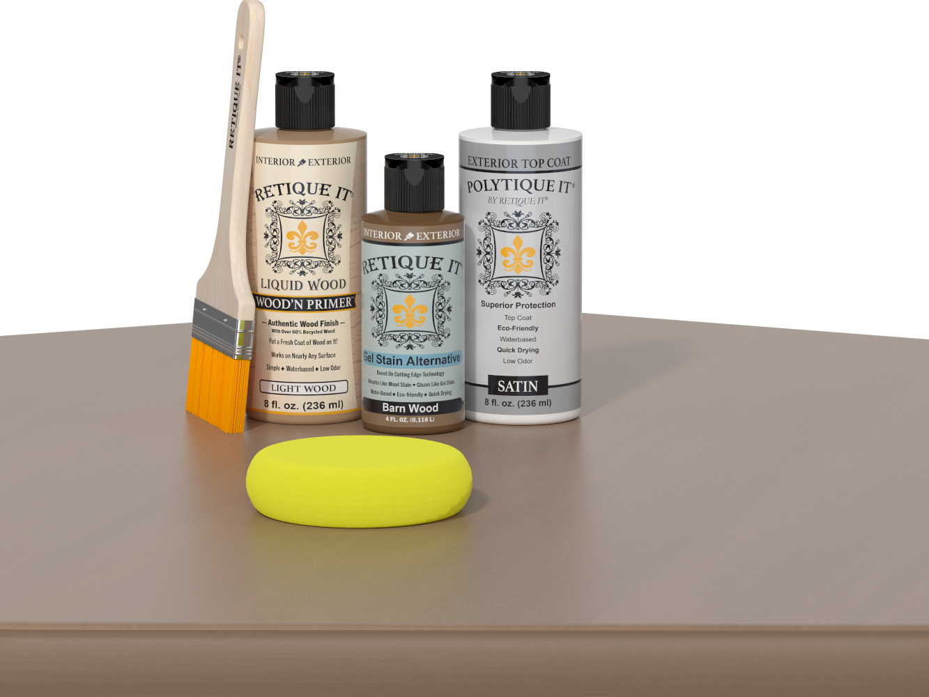 Retique It® Barn Wood kit with brush, Wood’n Primer, Barn Wood stain alternative, satin top coat, and yellow sponge on a reflective surface.