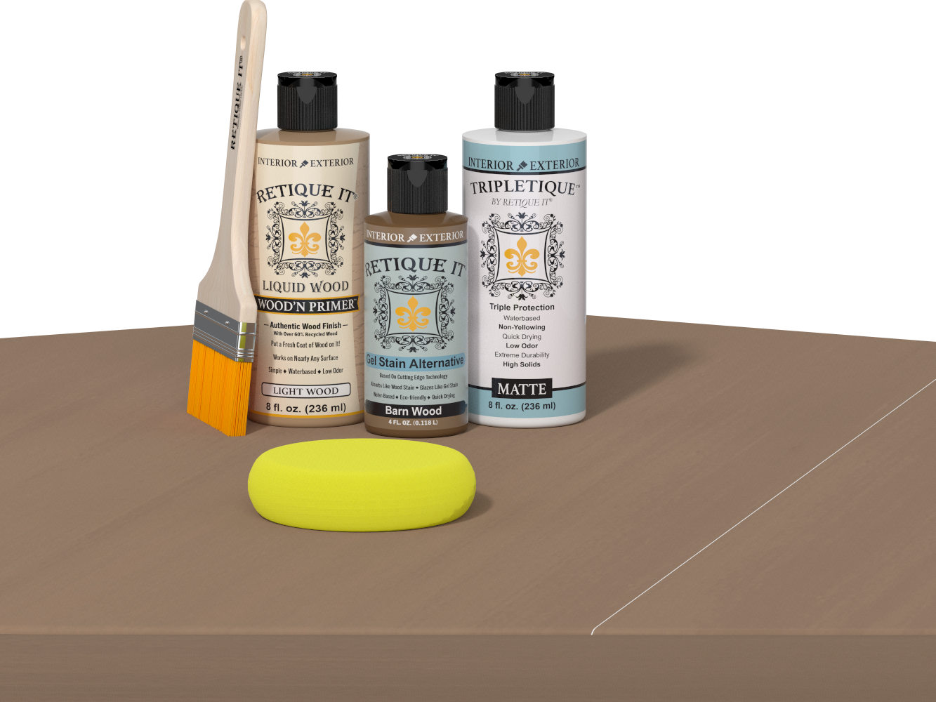 Retique It Barn Wood finishing kit with PolyTique It Matte top coat, Liquid Wood Wood'n Primer, Barn Wood Gel Stain Alternative, paintbrush, and yellow sponge displayed on a barn wood surface.