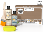 Retique It® Barn Wood kit with brush, Wood’n Primer, Barn Wood stain alternative, and yellow sponge.