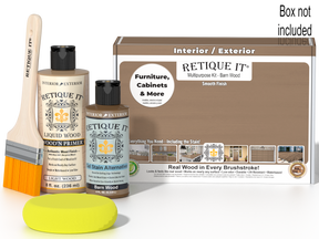 Retique It® Barn Wood kit with brush, Wood’n Primer, Barn Wood stain alternative, and yellow sponge.