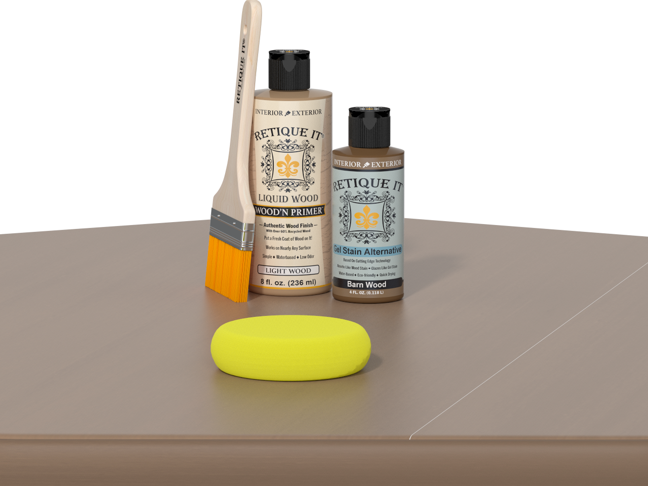 Retique It Barn Wood finishing kit with Liquid Wood Wood'n Primer, Barn Wood Gel Stain Alternative, paintbrush, and yellow sponge displayed on a barn wood surface.