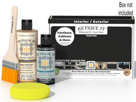 Retique It® Classic Black Brush-On Kit shown with the Classic Black Multipurpose Kit box, brush, Light Wood primer, Classic Black Gel Stain Alternative, and a yellow sponge.