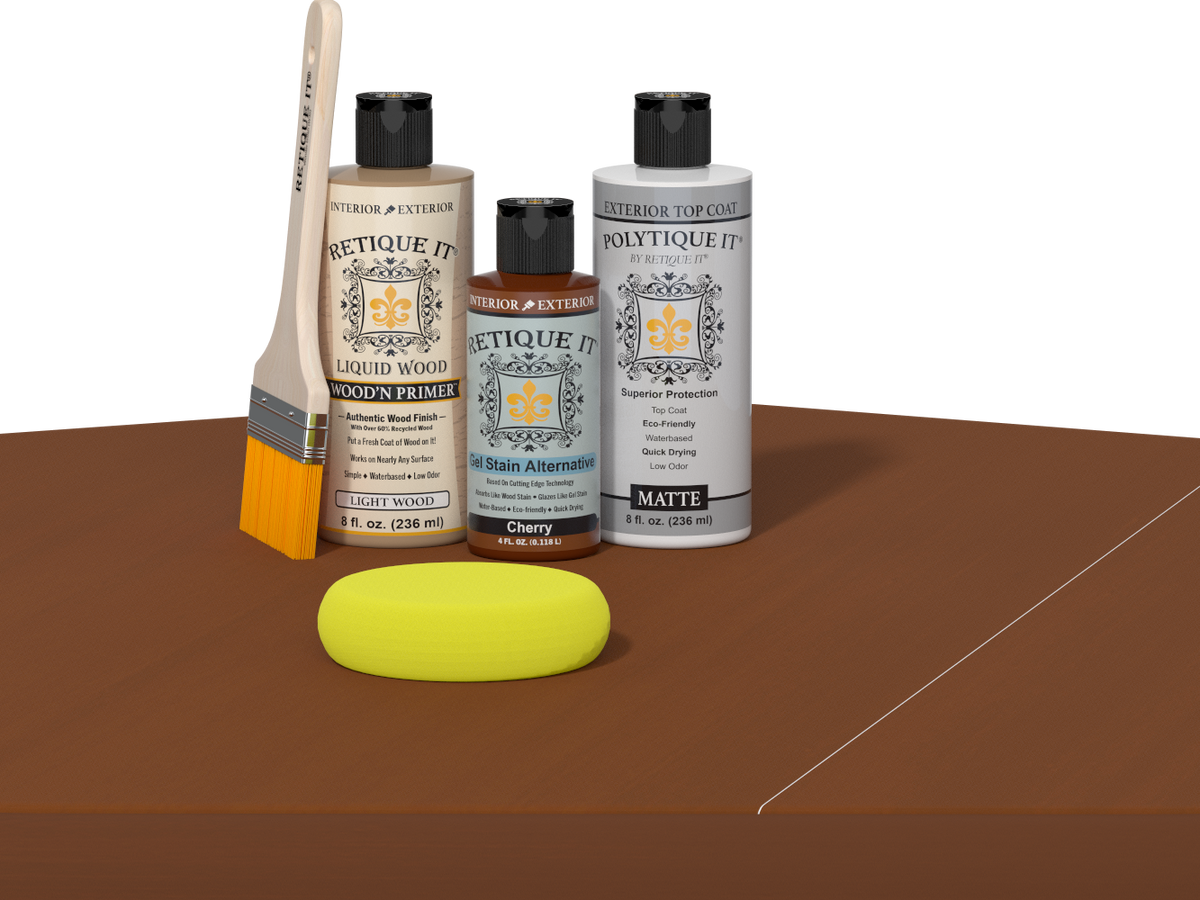 Retique It® Light Wood Wood’n Primer with Cherry Gel Stain Alternative, matte topcoat, brush, and yellow sponge on a tabletop.