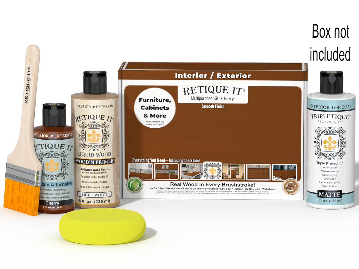Retique It® Multipurpose Kit - Cherry with box not included, primer, Cherry gel stain alternative, matte topcoat, brush, yellow sponge, and red graining tools.