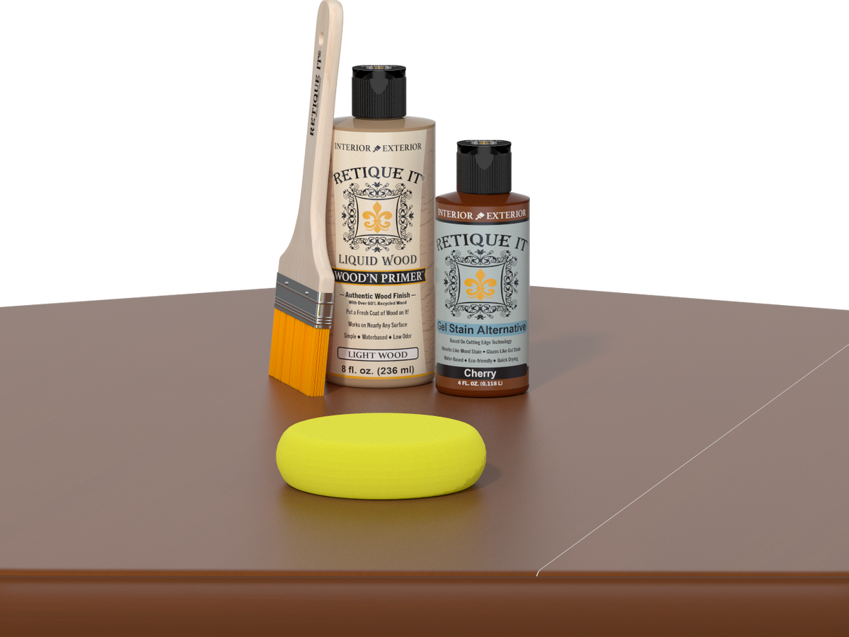 Retique It® Light Wood Wood’n Primer with Cherry Gel Stain Alternative, brush, and yellow sponge on a brown tabletop.