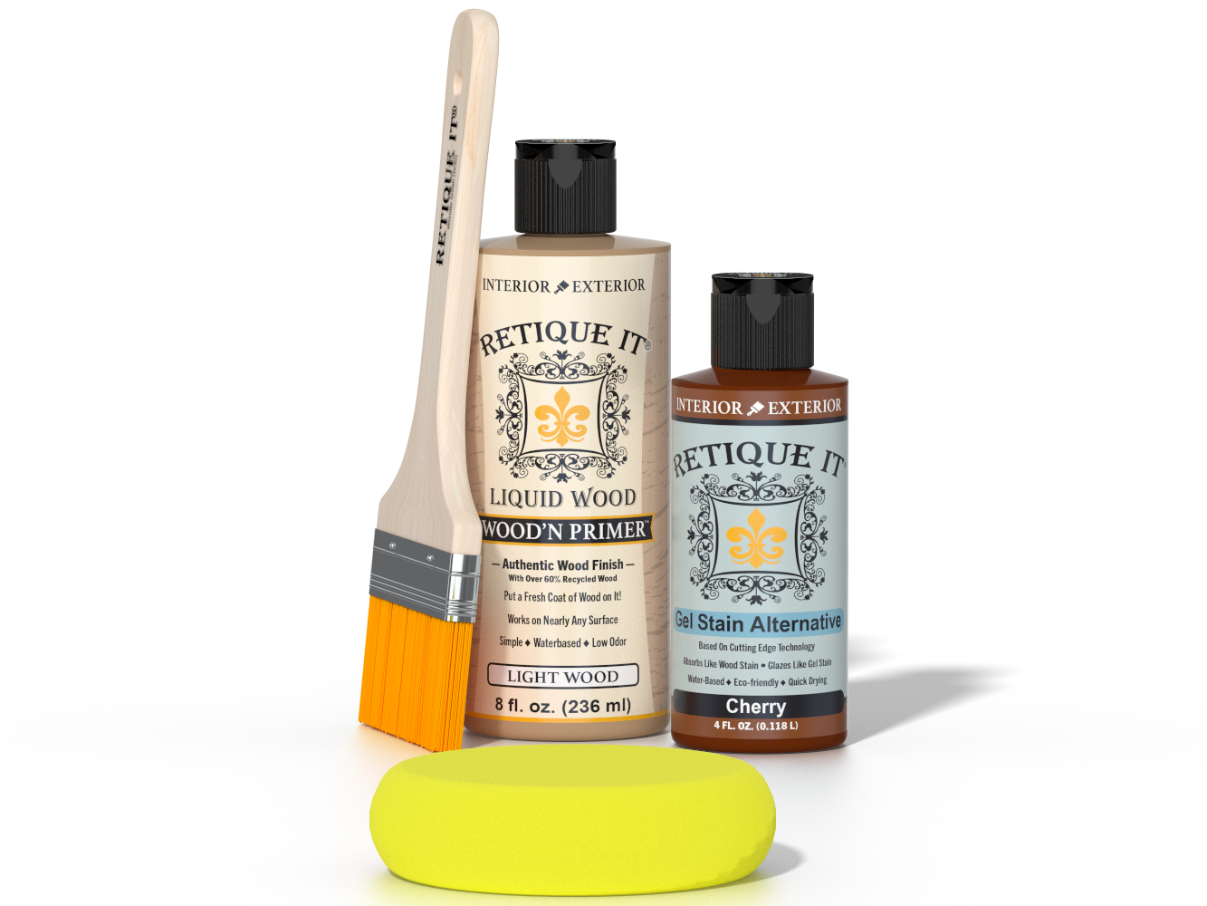 Retique It® Light Wood Wood’n Primer with Cherry Gel Stain Alternative, brush, and yellow sponge on a dark tabletop.