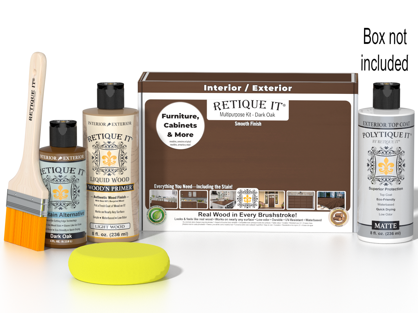 Retique It® Multipurpose Kit - Dark Oak with primer, gel stain alternative, matte topcoat, brush, sponge, red graining tools, and packaging box.