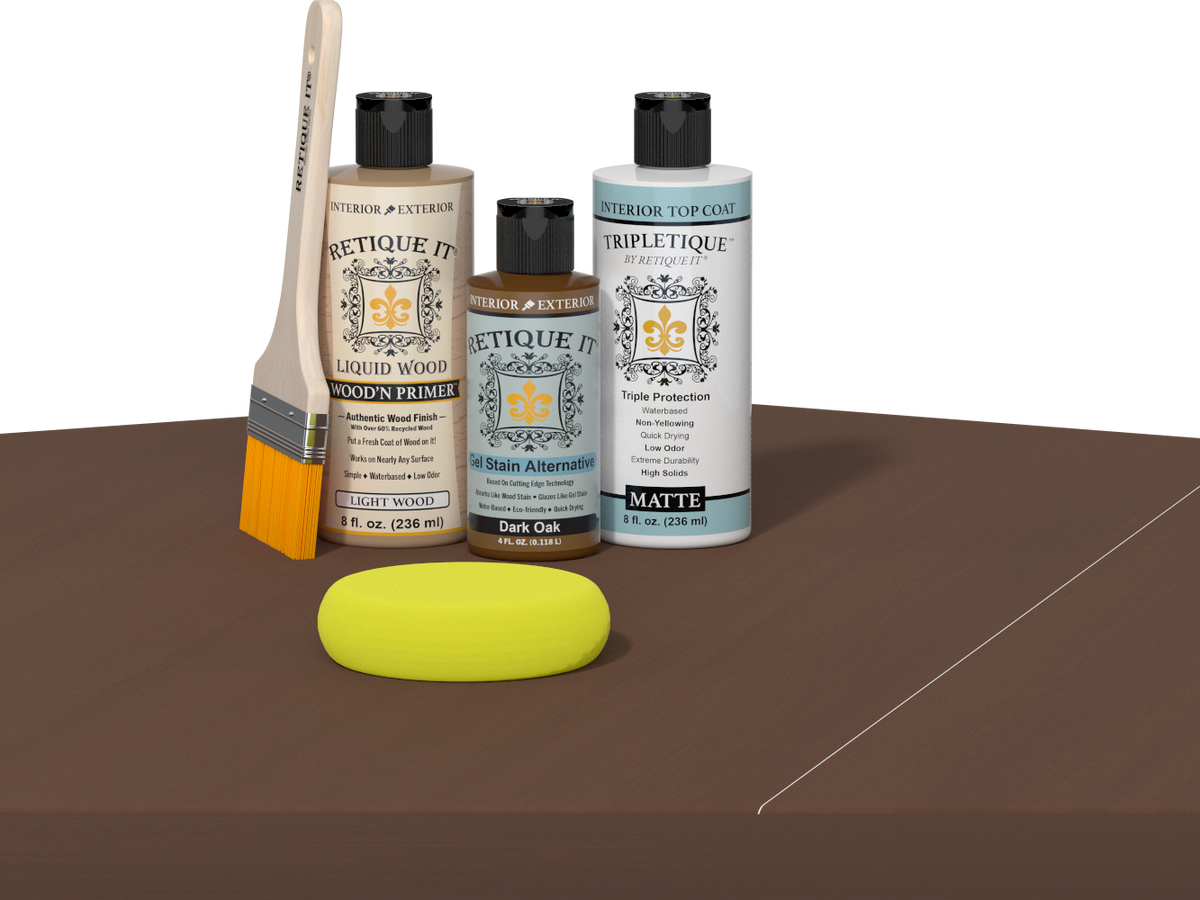Retique It® Light Wood Wood’n Primer with Dark Oak Gel Stain Alternative, matte topcoat, brush, and yellow sponge on a tabletop.