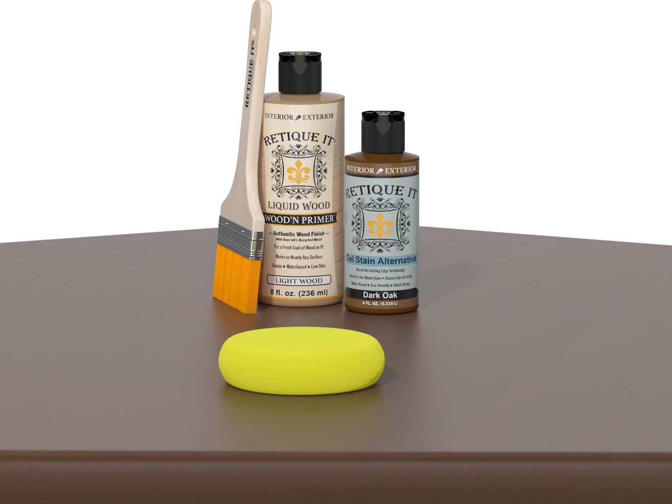 Retique It® Dark Oak Kit with Light Wood’n Primer, Dark Oak Gel Stain Alternative, paintbrush, and yellow sponge on a dark oak tabletop.