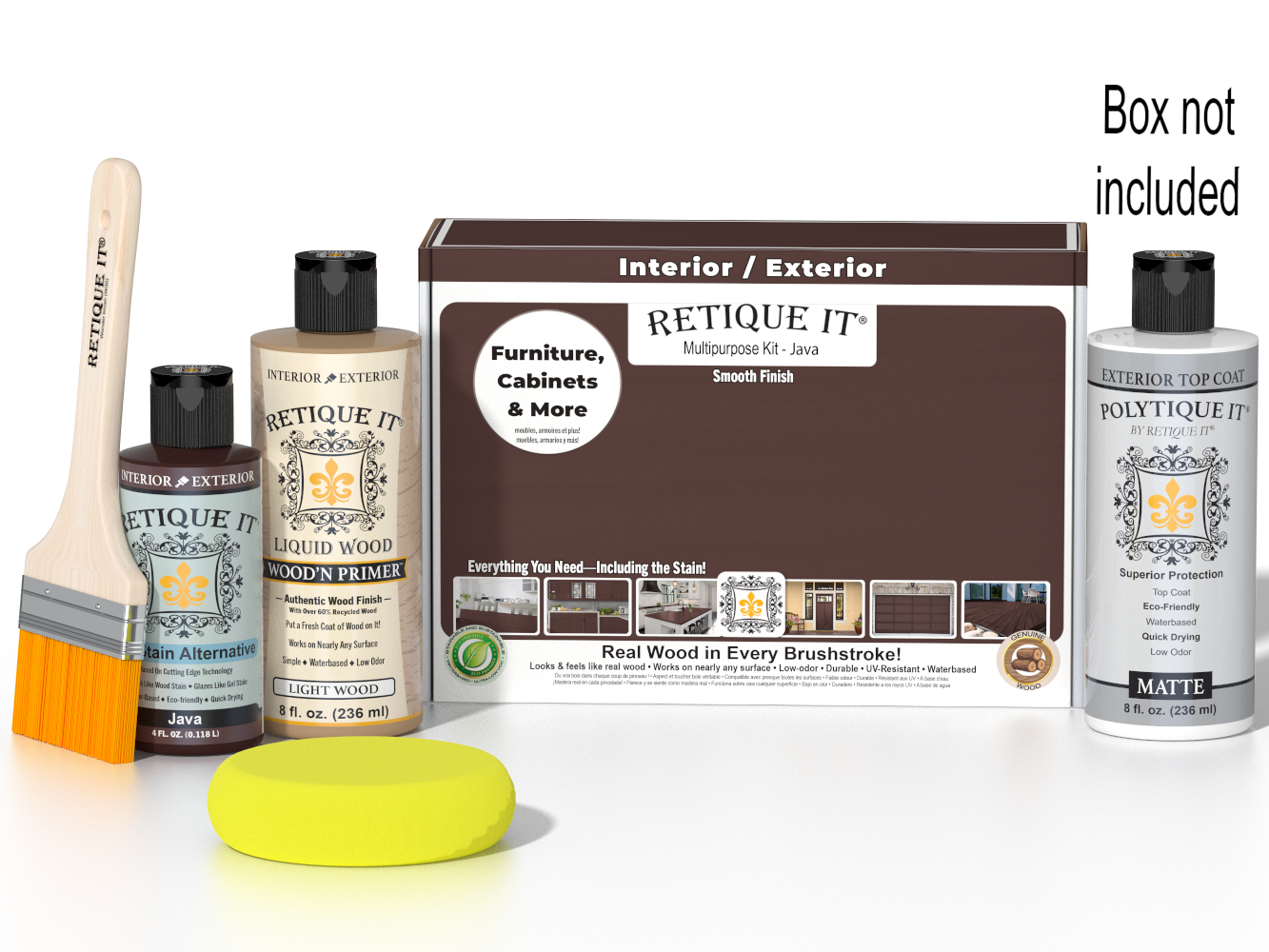 Retique It® Multipurpose Kit - Java with primer, gel stain alternative, matte topcoat, brush, sponge, and packaging.