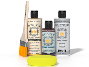Retique It® Light Wood Wood’n Primer with Java Gel Stain Alternative, matte topcoat, brush, and yellow sponge.