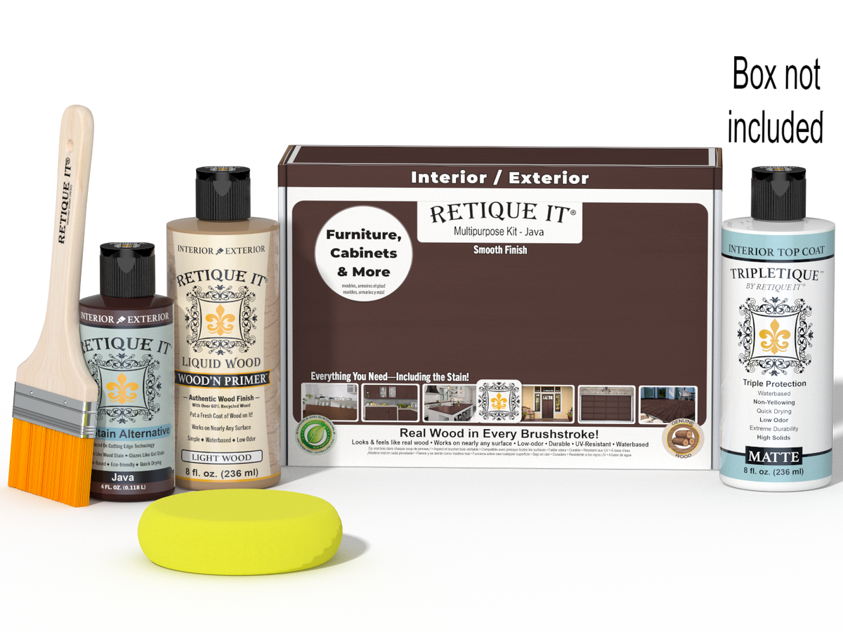 Retique It® Multipurpose Kit - Java with primer, gel stain alternative, matte topcoat, brush, sponge, and packaging.