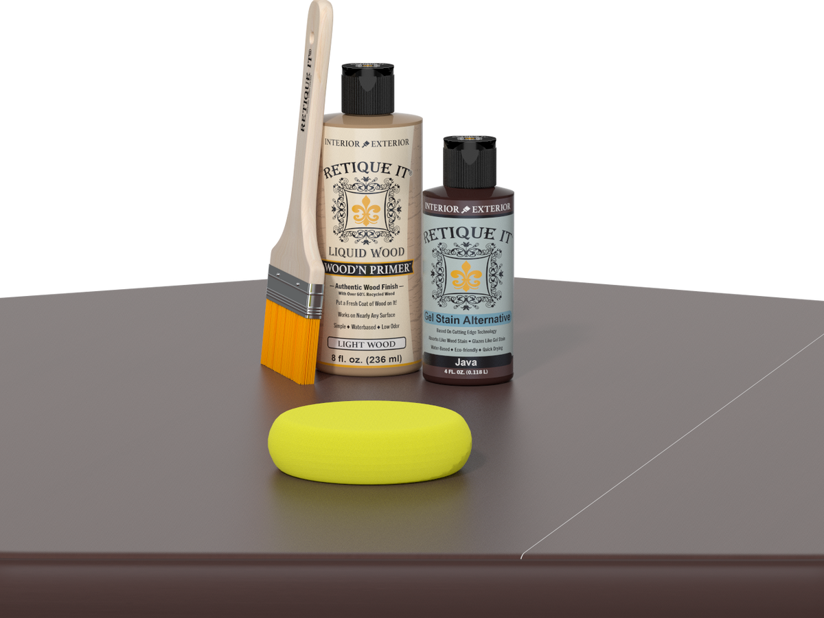 Retique It® Light Wood Wood’n Primer with Java Gel Stain Alternative, brush, and yellow sponge on a tabletop.