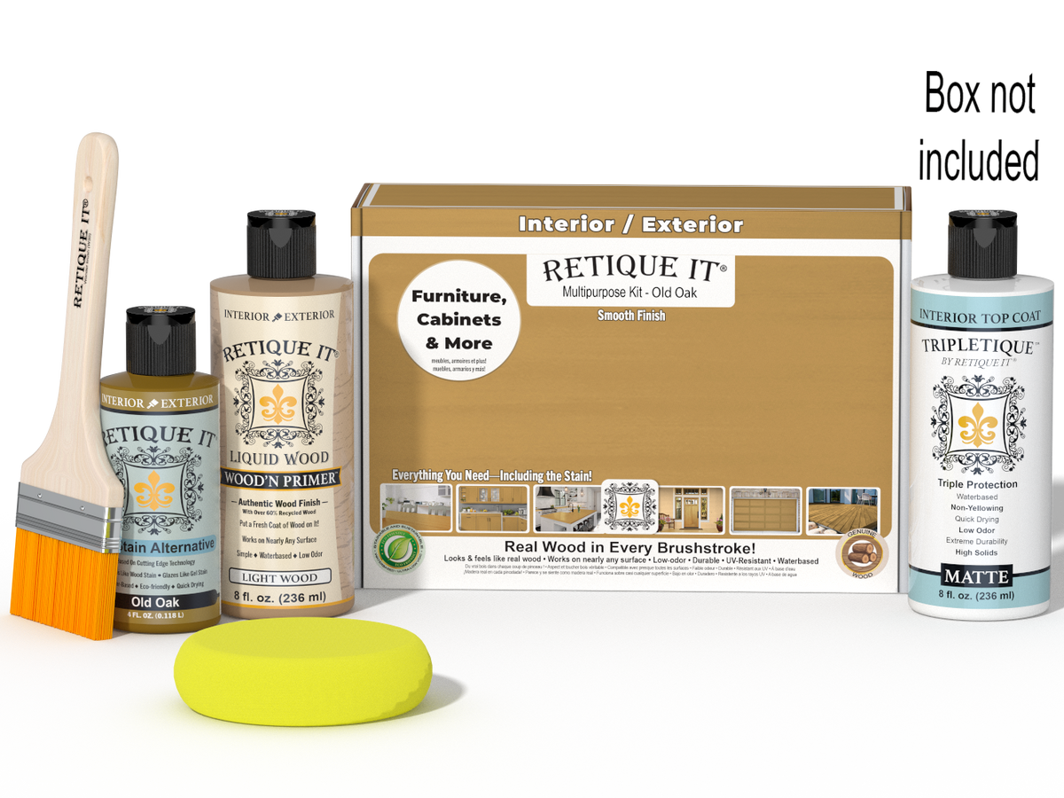 Retique It® Multipurpose Kit - Old Oak with primer, gel stain alternative, matte topcoat, brush, sponge, red graining tools, and packaging.