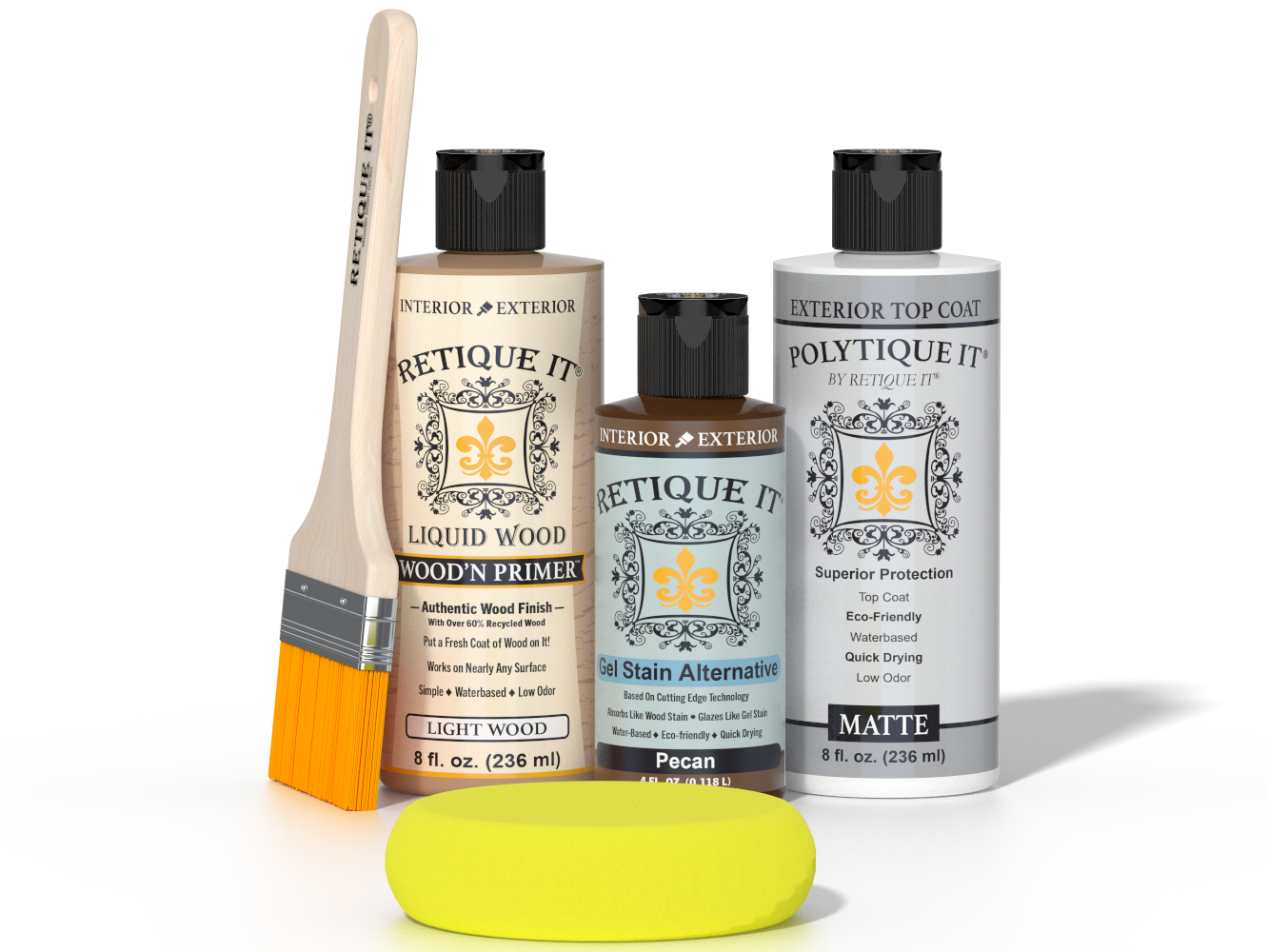Retique It® Light Wood kit with brush, Pecan stain alternative, matte top coat, and yellow sponge.