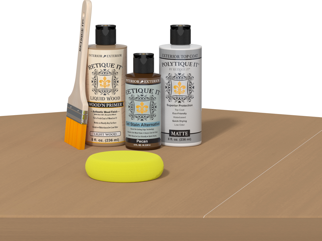 Retique It® Light Wood kit with brush, Pecan stain alternative, matte top coat, and yellow sponge on a wood surface.