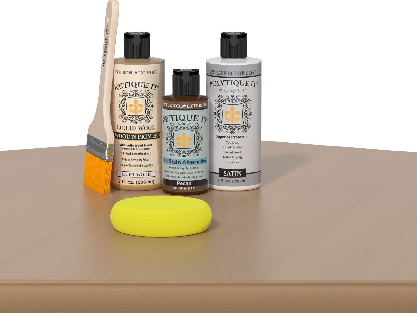 Retique It® Light Wood kit with brush, Pecan stain alternative, satin top coat, and yellow sponge on a wood surface.
