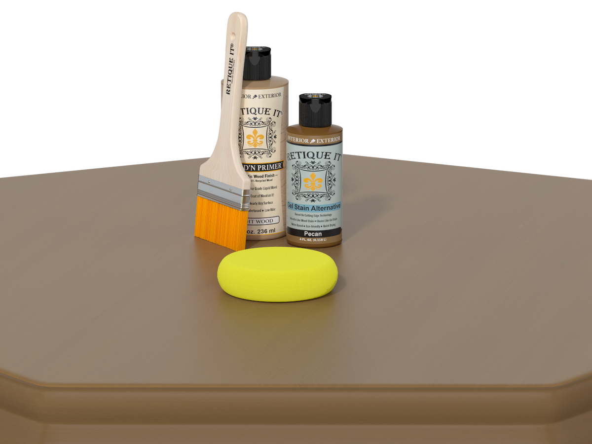 Two bottles, a brush, and a yellow sponge on a brown surface with a white background