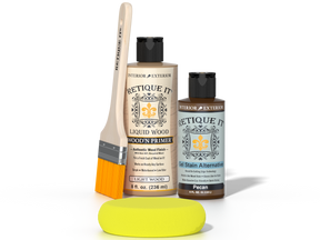 Retique It® Light Wood kit with brush, Wood’n Primer, Pecan stain alternative, and yellow sponge.