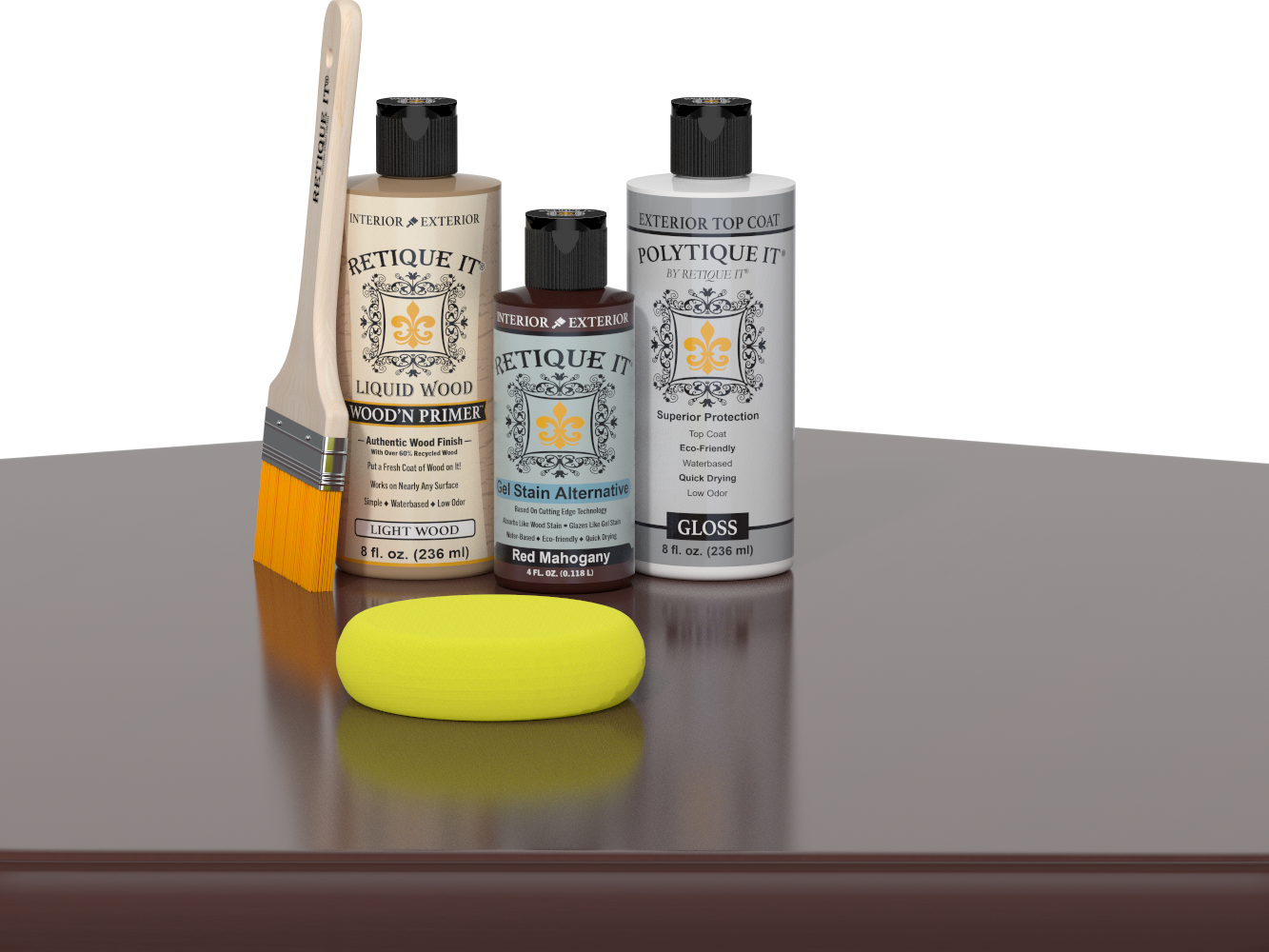Retique It® Light Wood Wood’n Primer with Red Mahogany Gel Stain Alternative, gloss topcoat, brush, and yellow sponge on a reflective tabletop.