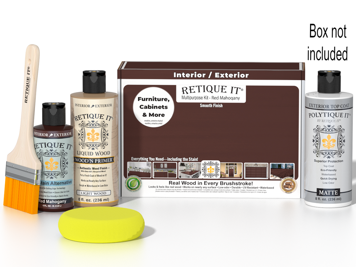 Retique It® Multipurpose Kit - Red Mahogany with primer, stain, matte topcoat, brush, sponge, and packaging.