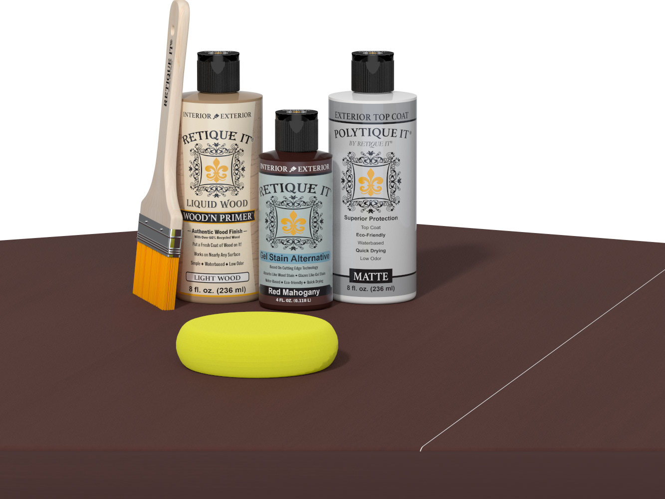 Retique It® Light Wood Wood’n Primer with Red Mahogany Gel Stain Alternative, matte topcoat, brush, and yellow sponge on a dark tabletop.