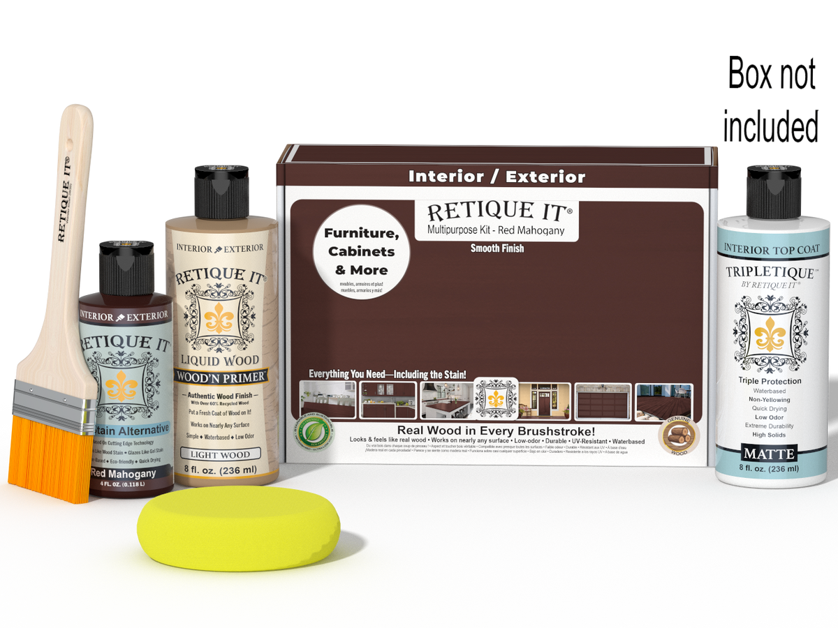 Retique It® Multipurpose Kit - Red Mahogany with primer, stain, matte topcoat, brush, sponge, and red graining tools beside the box.