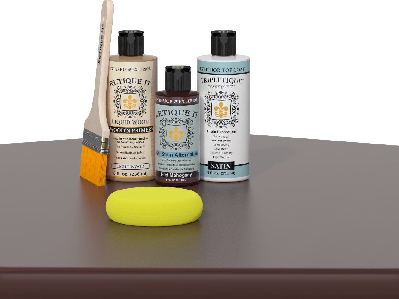 Retique It® Light Wood Wood’n Primer with Red Mahogany Gel Stain Alternative, satin topcoat, brush, and yellow sponge on a tabletop.
