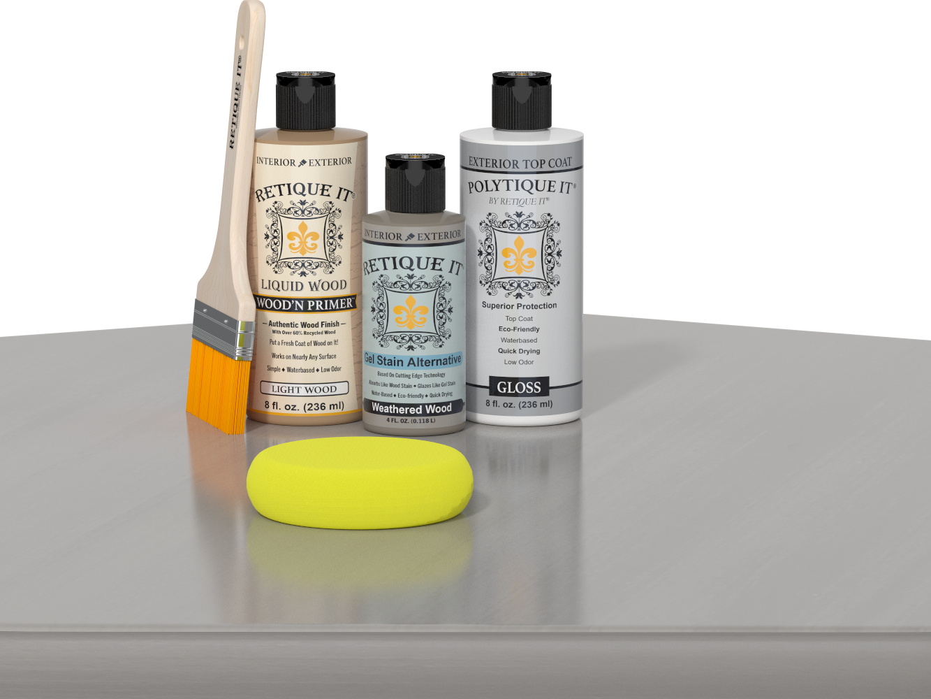 Retique It® Weathered Wood kit with brush, Wood’n Primer, Weathered Wood stain alternative, gloss top coat, and yellow sponge on a reflective surface.