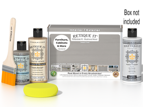 Retique It® Weathered Wood kit with brush, Wood’n Primer, stain alternative, matte top coat, and box not included.