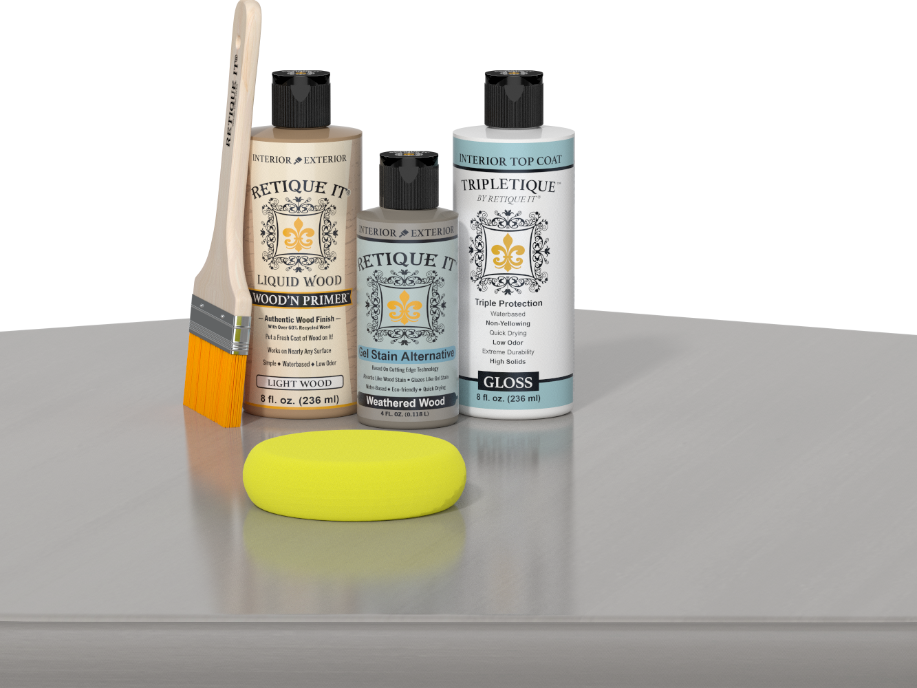 Retique It® Weathered Wood kit with brush, Wood’n Primer, Weathered Wood stain alternative, gloss top coat, and yellow sponge.